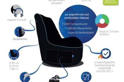 Bruni Cockpit – schwarzer Gaming-Sitzsack zum Zocken mit Lehne und Fach, Indoor und Outdoor geeignet, in Deutschland gefertig