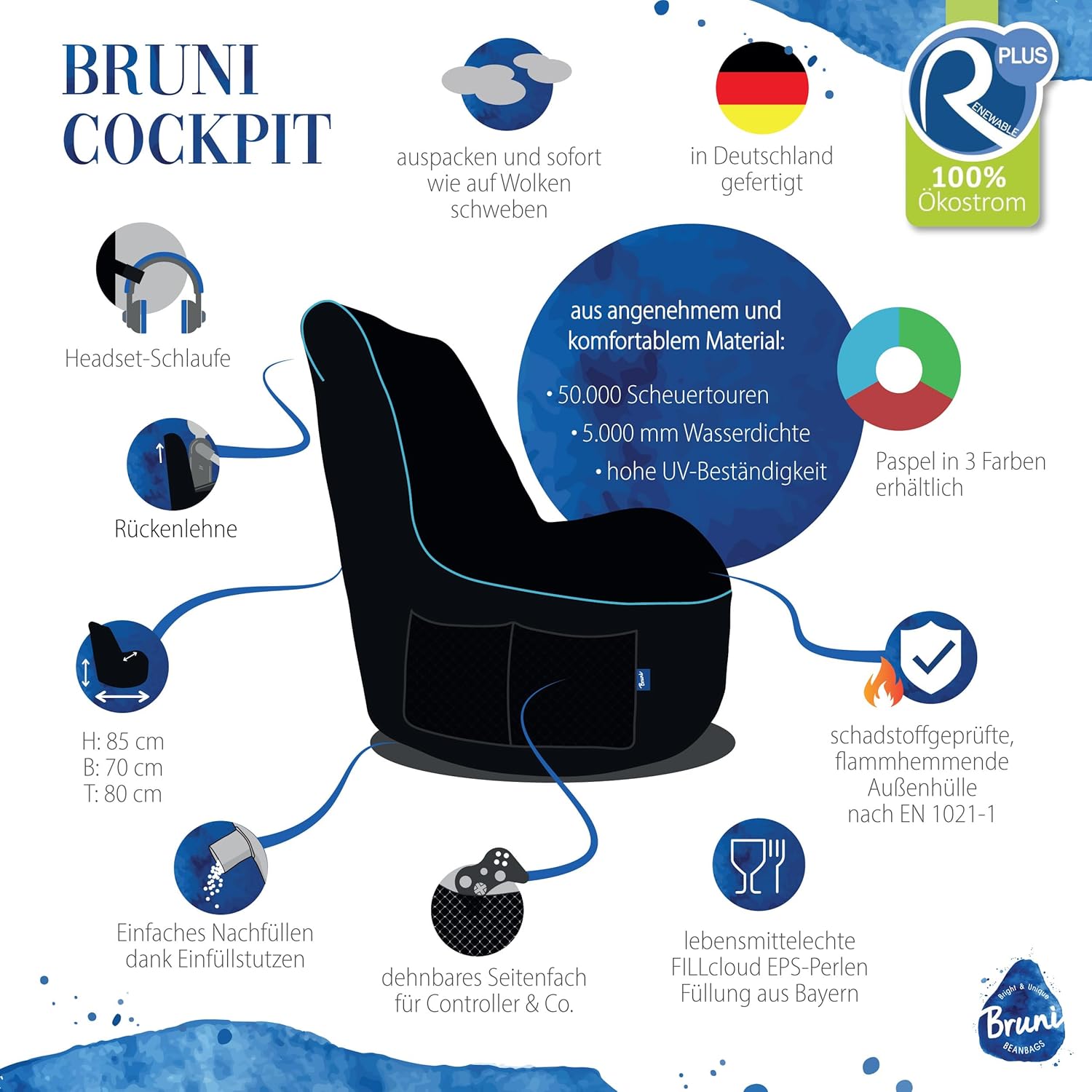 Bruni Cockpit – schwarzer Gaming-Sitzsack zum Zocken mit Lehne und Fach, Indoor und Outdoor geeignet, in Deutschland gefertig