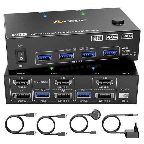 ESKEVE KVM-Umschalter 8K Dual-Monitor 2 PC